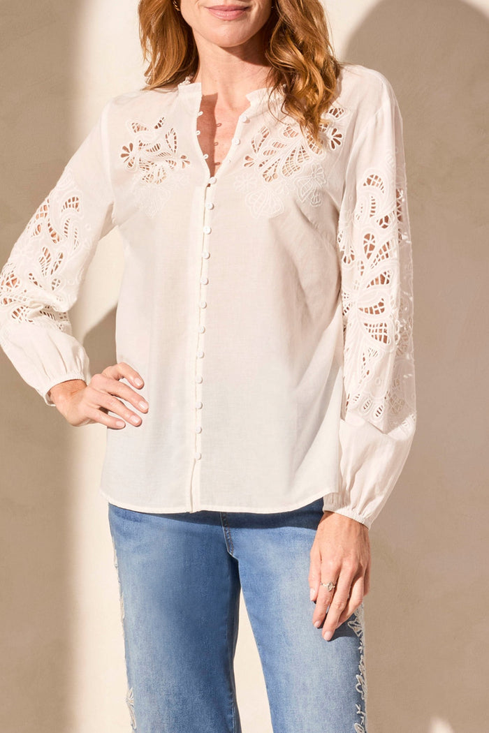 Tribal Button Front Blouse w/ Embroidery 5807O-5271-0001 White