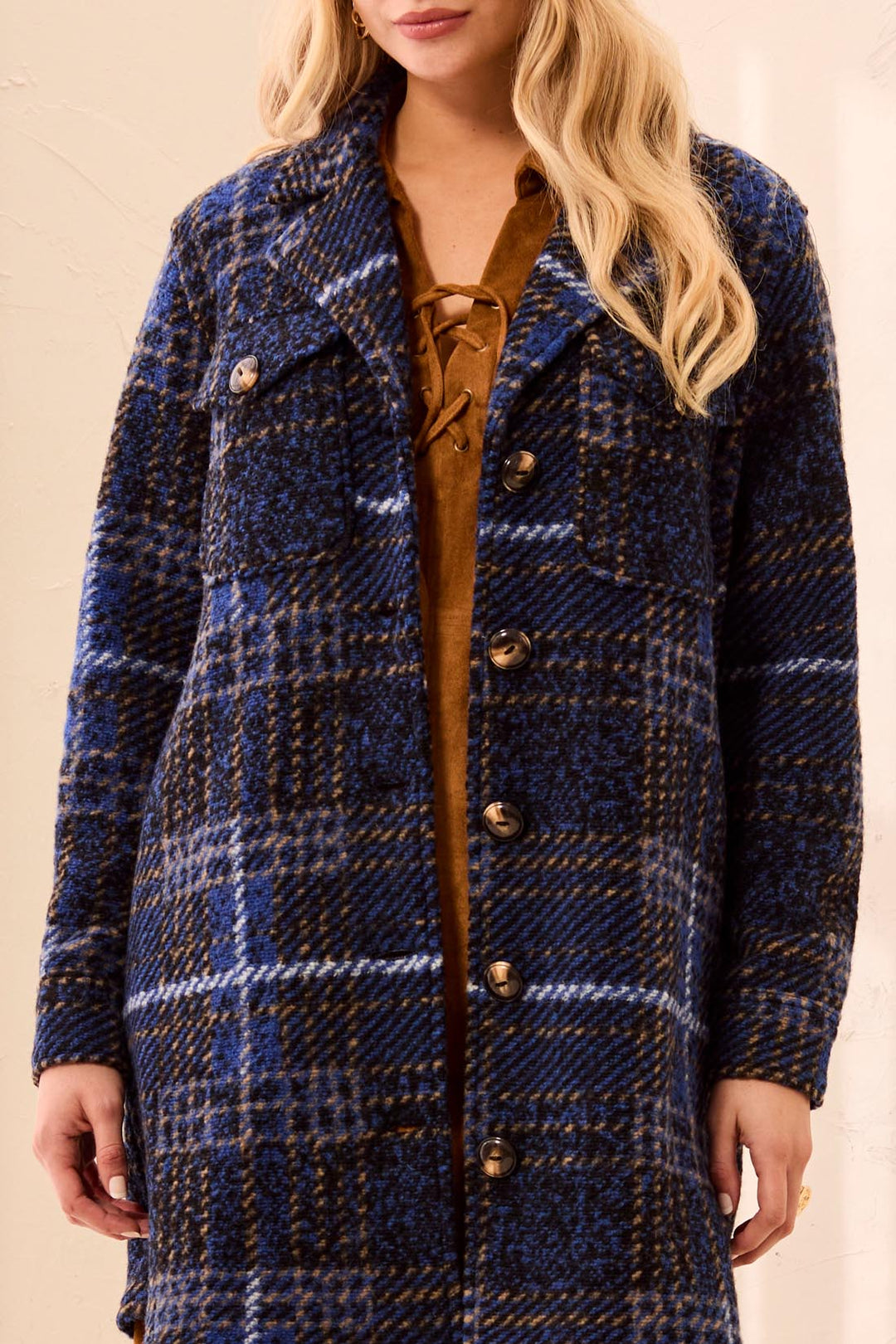 Tribal Plaid Shacket w/ Notch Collar 5966O-5056-1991 Electric Blue