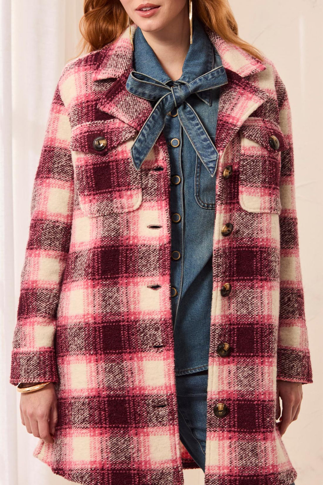 Tribal Plaid Shacket w/ Notch Collar 5966O-5056-2542 Cherry Lacquer