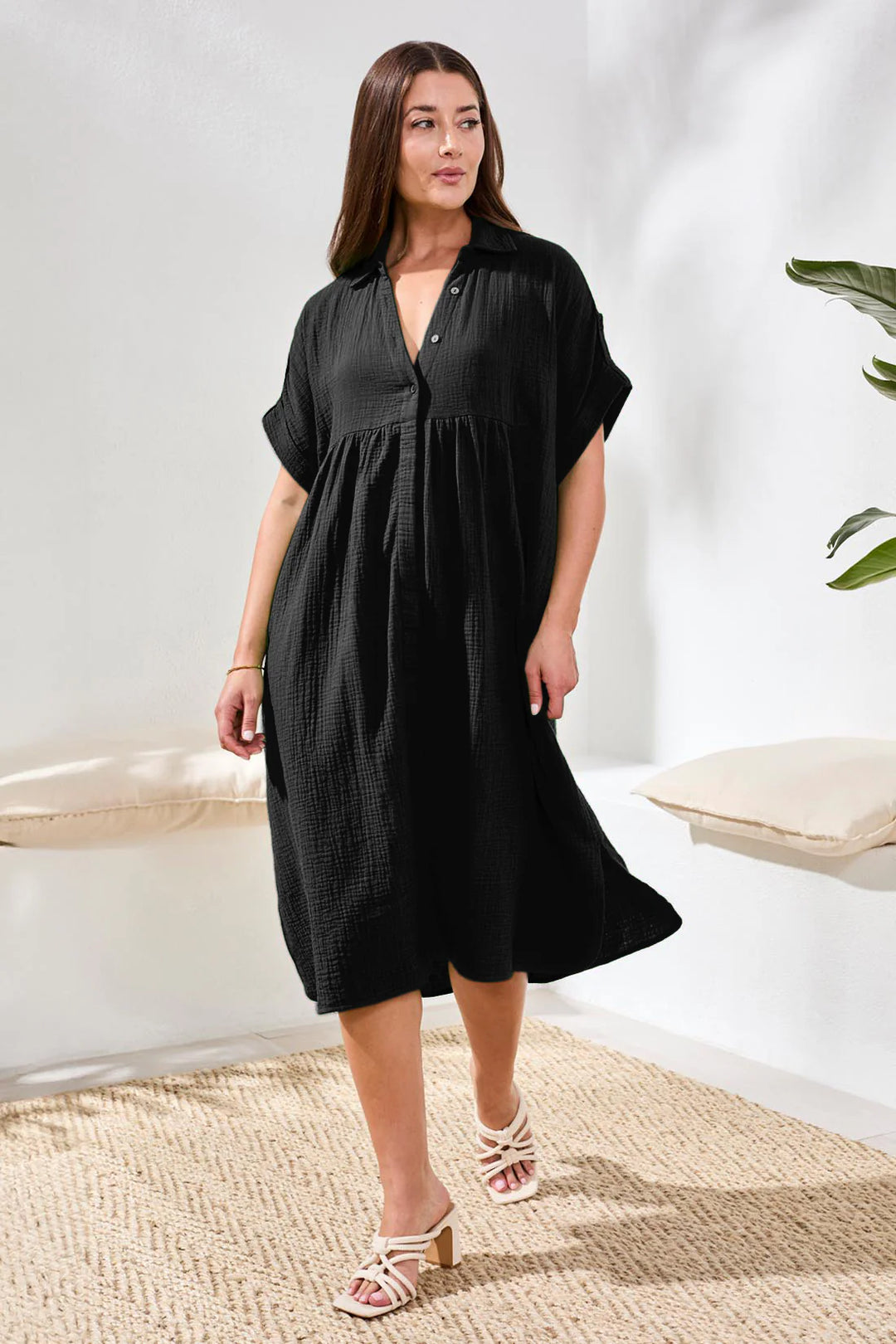 Tribal Flowy Shirt Dress w/ Hidden Placket 6054O-4555-0002 Black