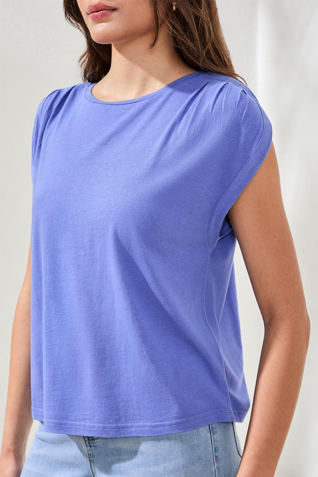 Tribal Boat Neck Cap Sleeve Top w/ Pleats 6077O-5015-3207 Baja Blue