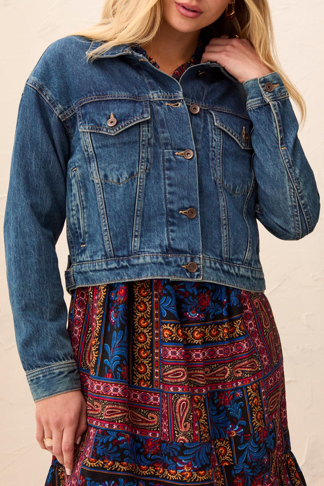 Tribal Casual Denim Jacket w/ Back Pleats 6234O-5854-2711 Fountain