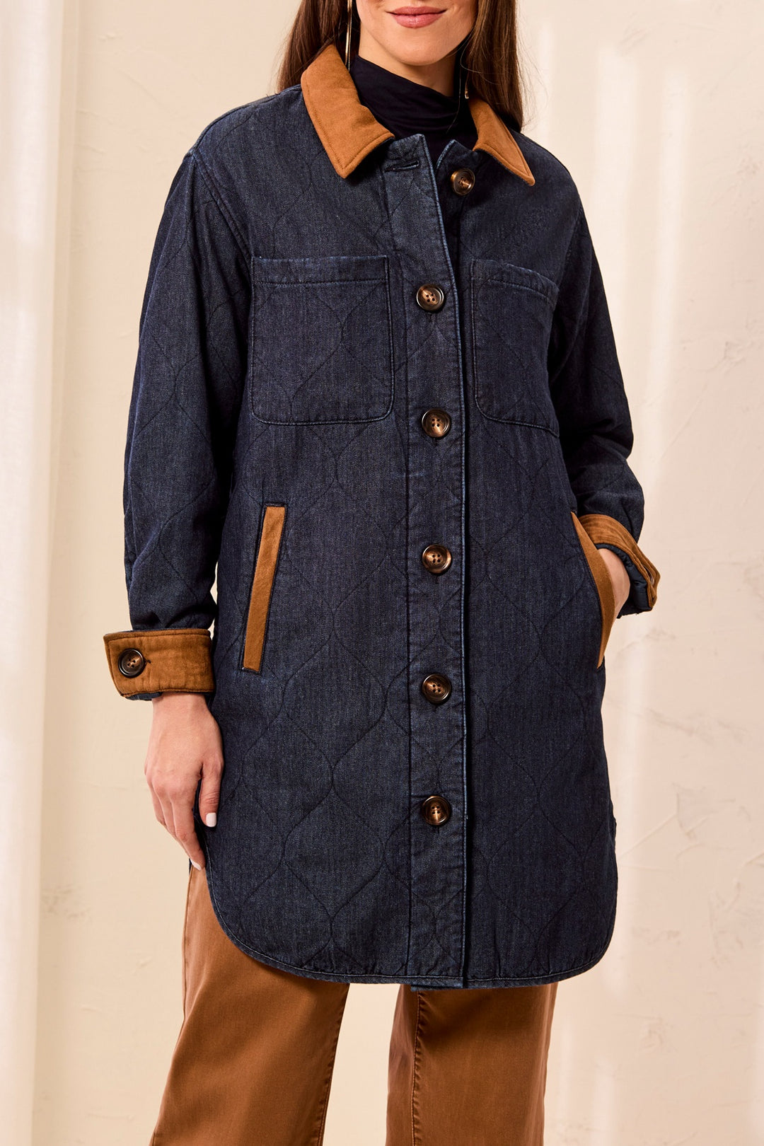 Tribal Long Quilted Denim  Jacket w/ Suade Trim 6237O-5584-2200 Rinse