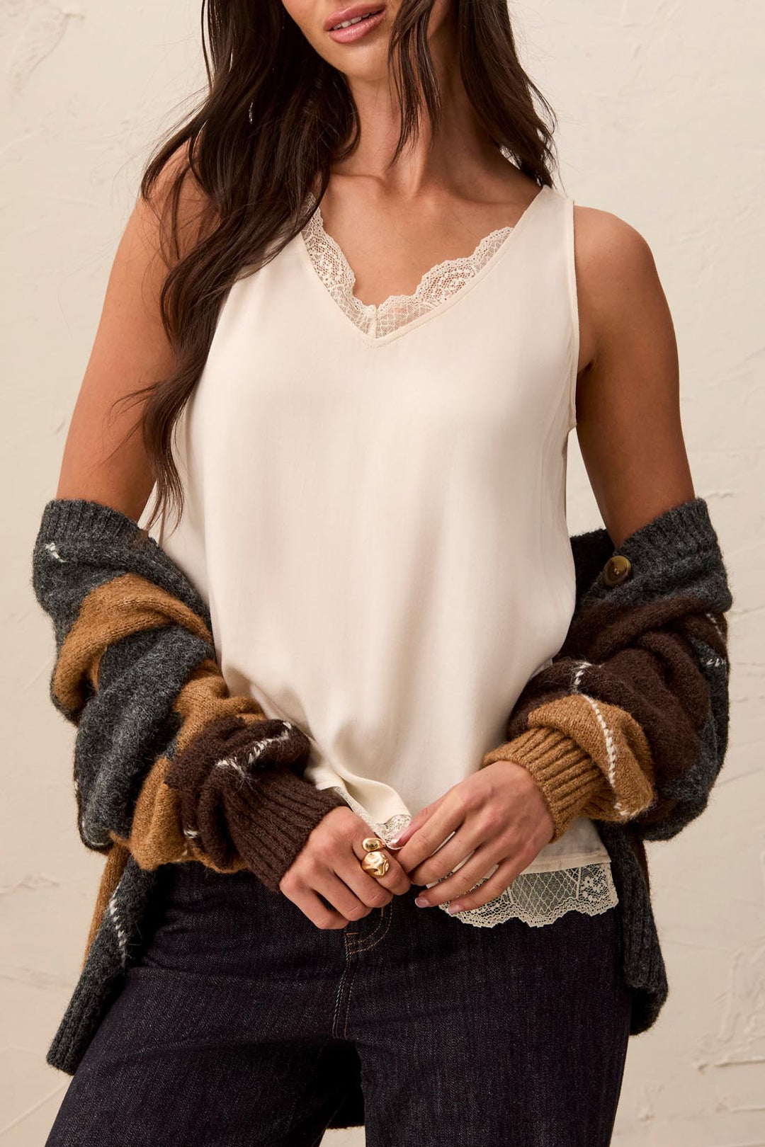 Tribal Camisole w/ Lace Trim 6239O-1229-0026 Cream