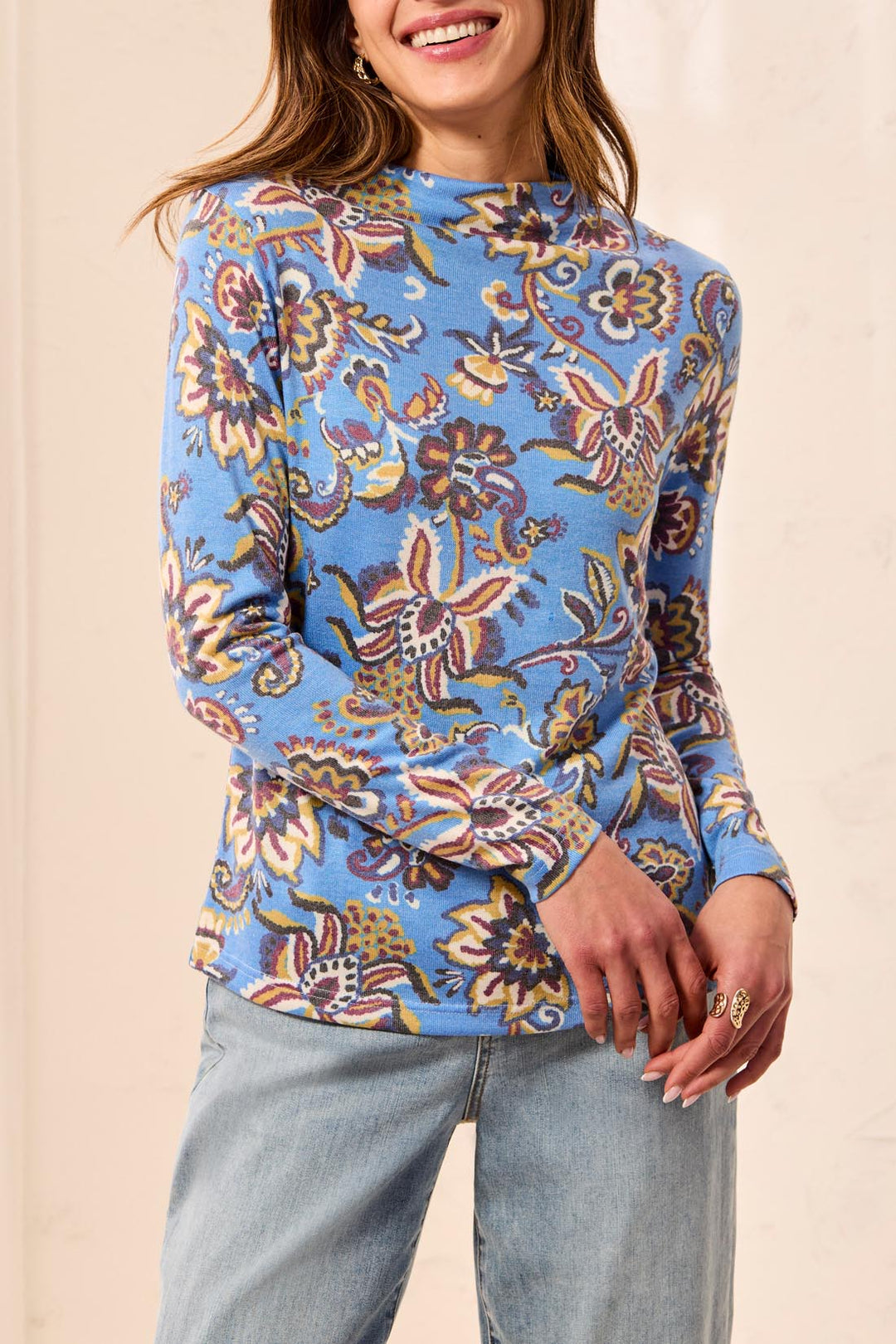 Tribal Long Sleeve Funnel Neck Top 6275O-4214-3367 BlueAura