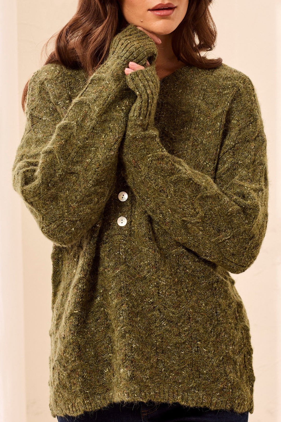 Tribal Henley Sweater w/ Scallop Hem 6277O-5035-3417 Cedar Green