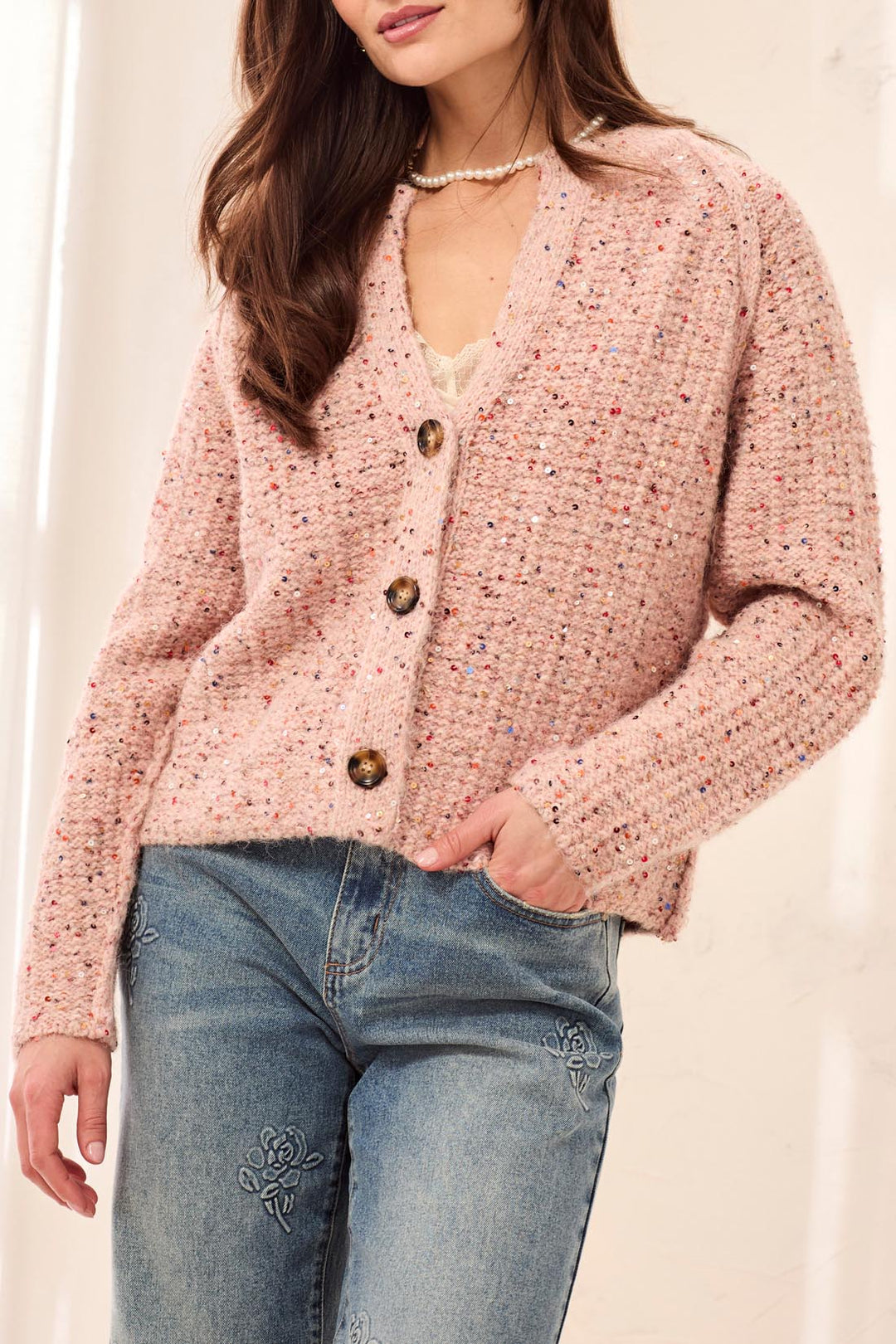 Tribal Sequined Cardigan Sweater 6301O-5781-3425 Macaron