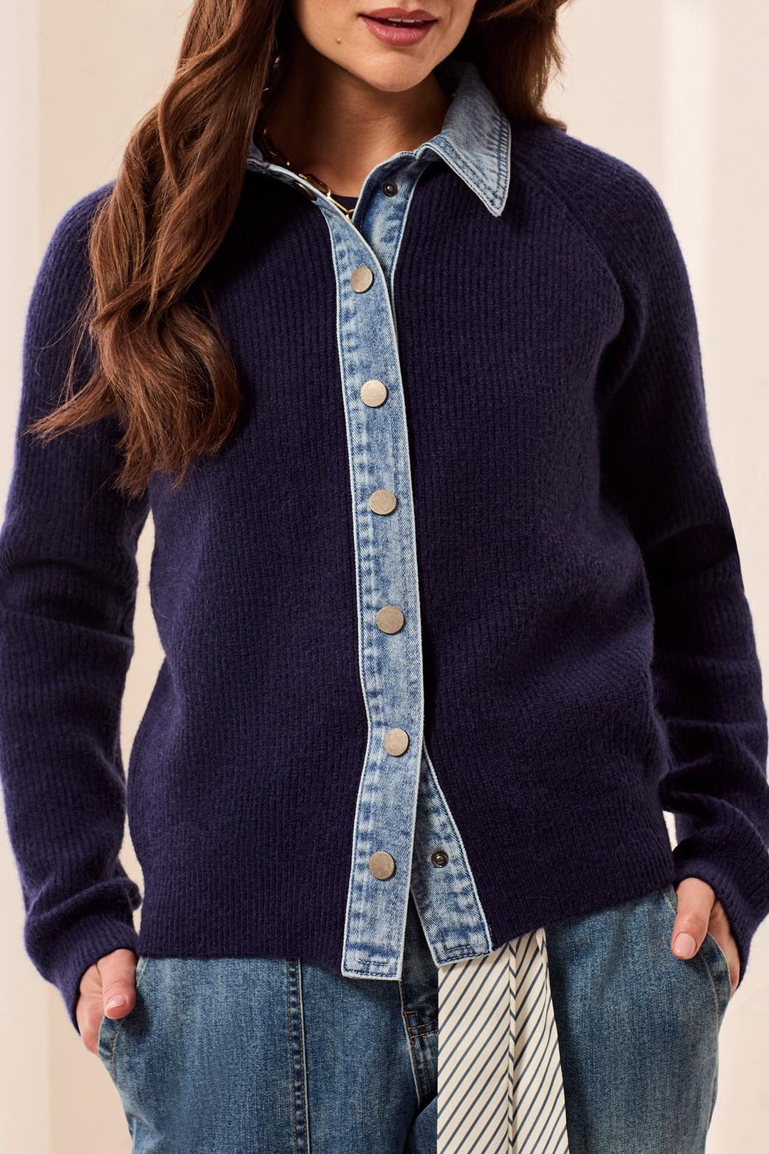 Tribal Mixed Media Sweater Jacket w/ Denim Detail 6350O-5622-1625 NightFall