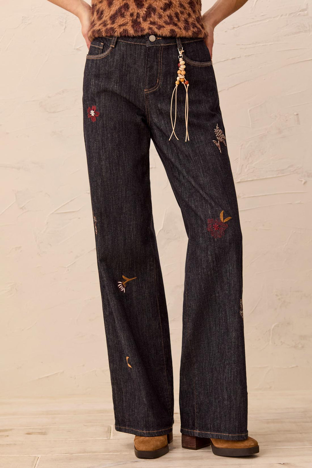 Tribal  Audrey Embroidered Wide Denim Jean w/ Charm 6354O-5829-2200 Rinse