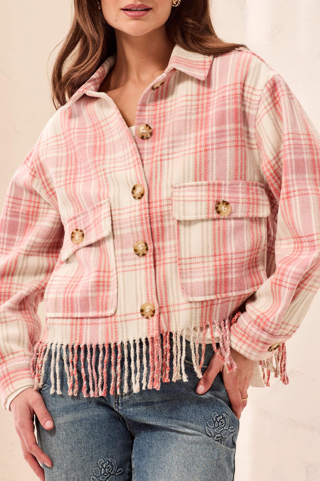Tribal Plaid Cropped Shacket w/ Fringe 6370O-4466-3371 Nostalgia