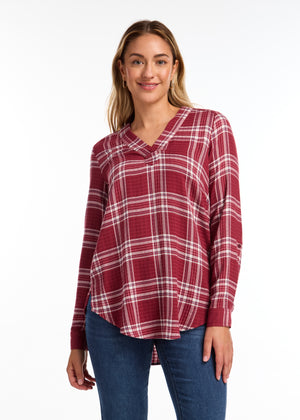 FDJ Popover Check Textured Tunic Top 7032880-RRP Rust Red Plaid