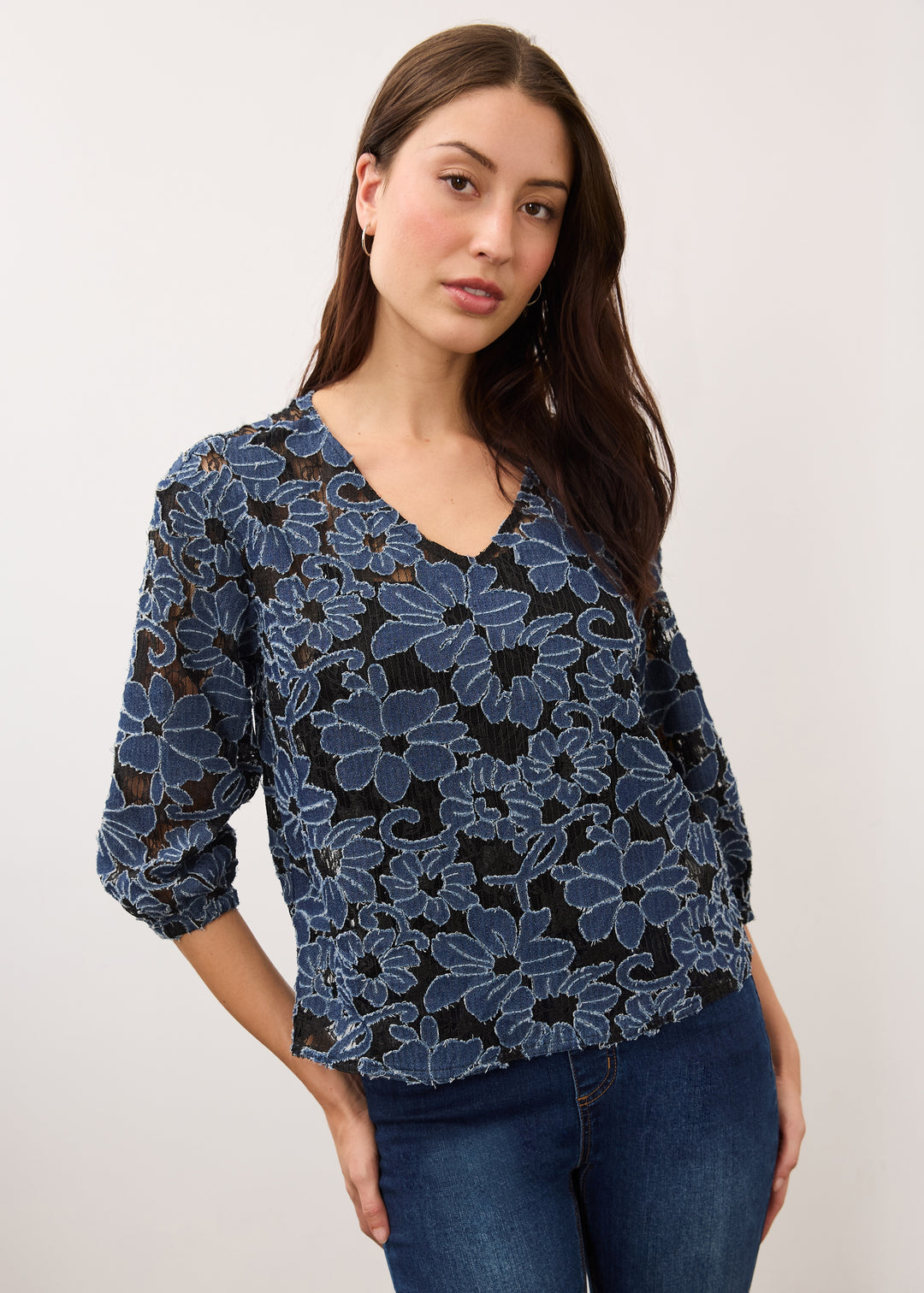 FDJ Popover Top 7310142-DENIM Denim/Lace