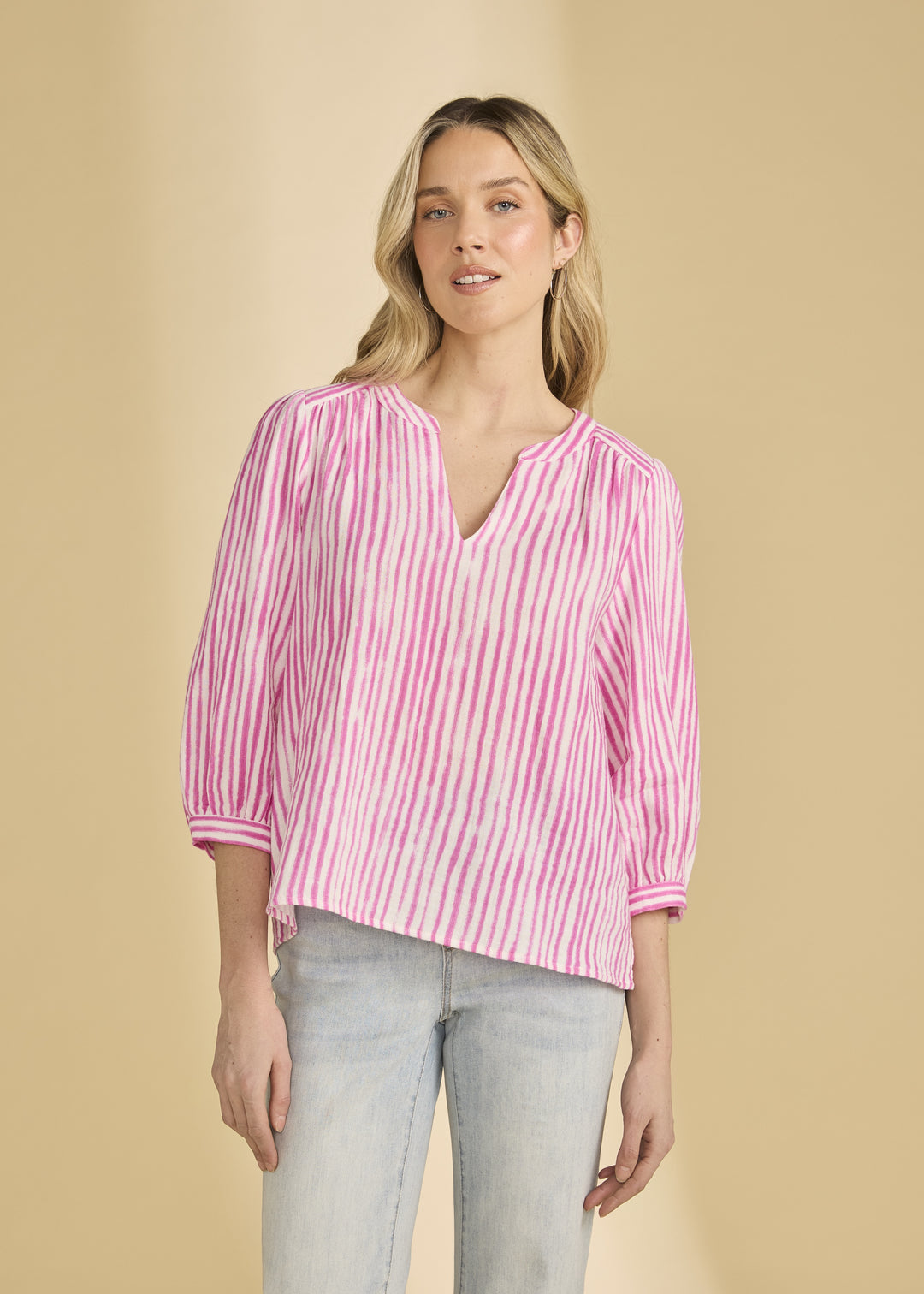 FDJ Stripe Popover Blouse 7378205-FUSCHI Fuschia/White