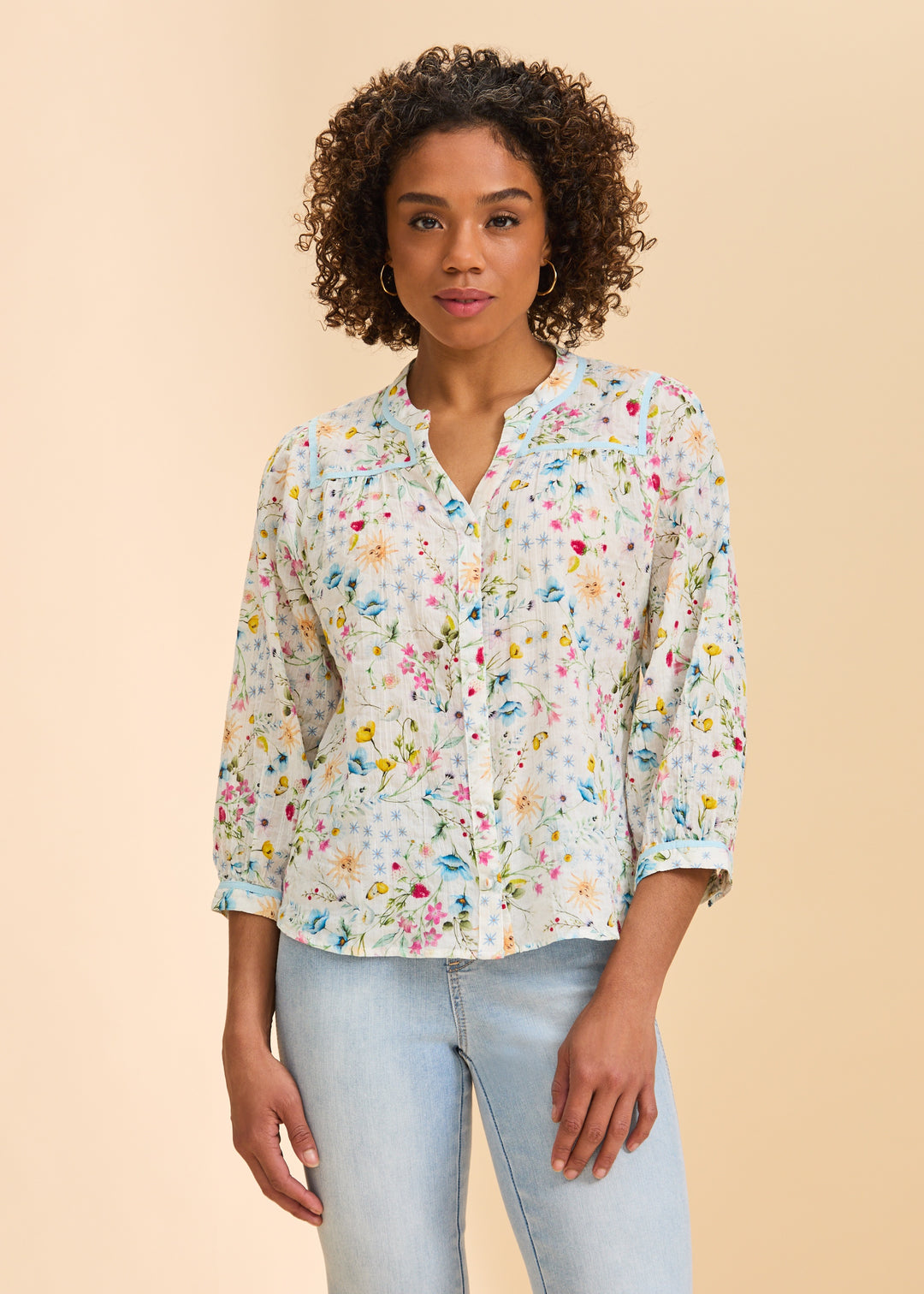 FDJ 3/4 Sleeve Floral Woven Shirt 7472818-PRT Spring Solstice
