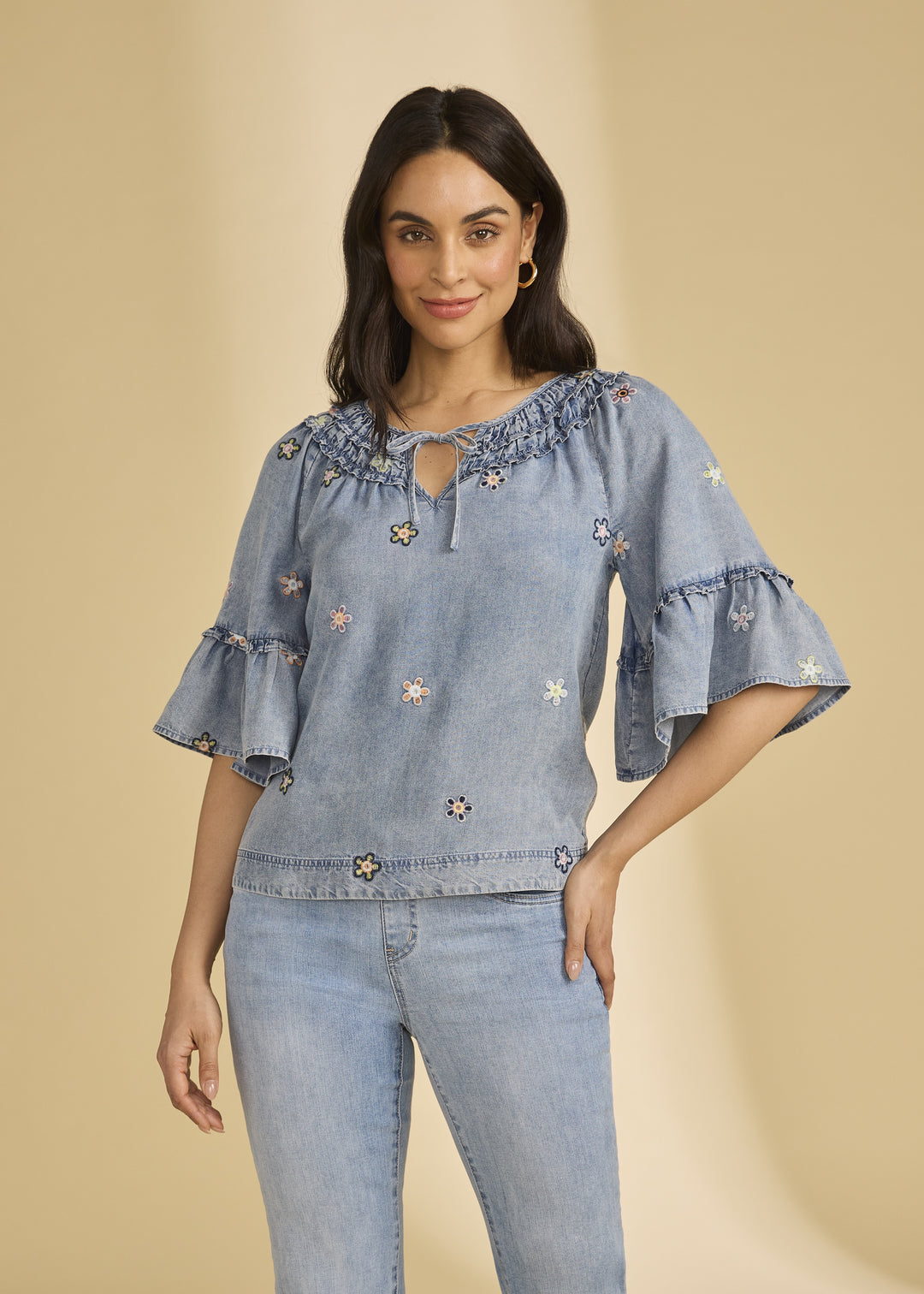 FDJ Ruffle Embroidered Denim Top 7589846-DSY Daisy