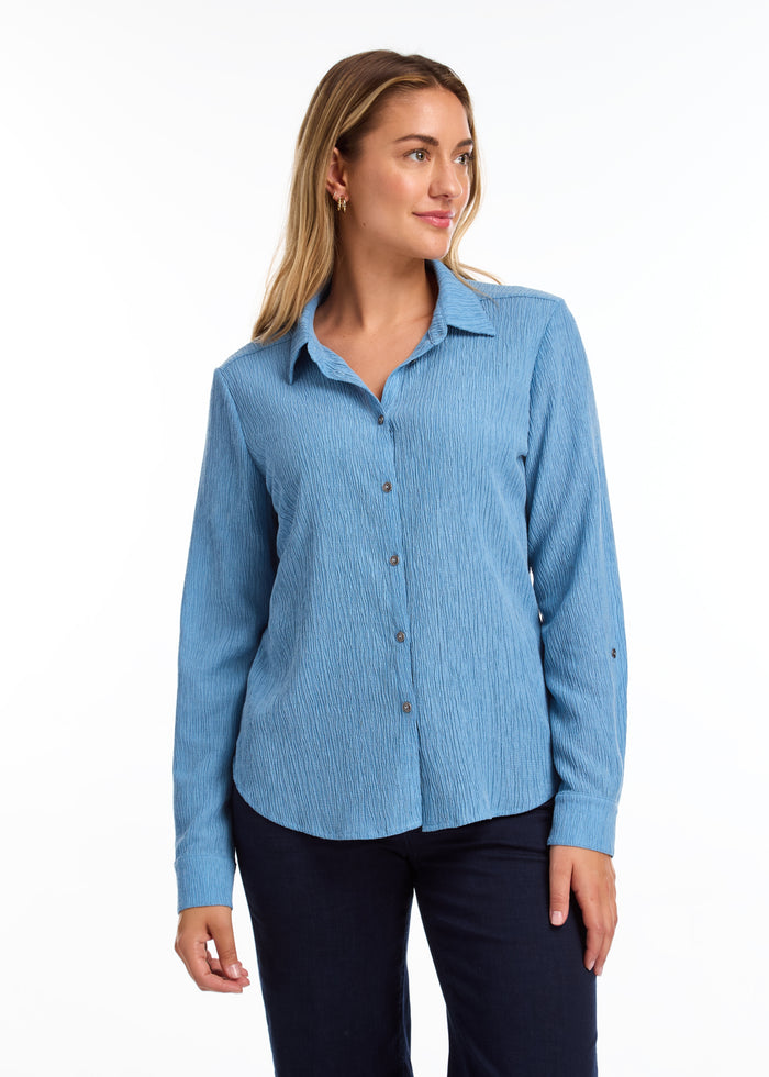 FDJ Long Roll-Up Sleeve Crinkle Shirt 7800294-BLU Blue - 1 ONLY SIZE LARGE - 20% OFF