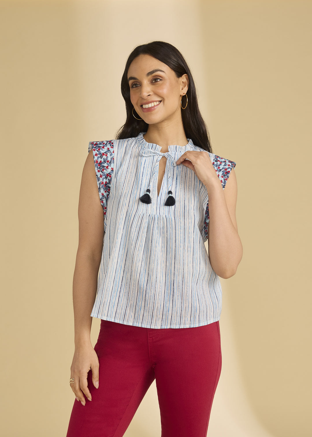 FDJ Embroidered Flutter Sleeve Top 7906775-SPS Nimbus Stripe