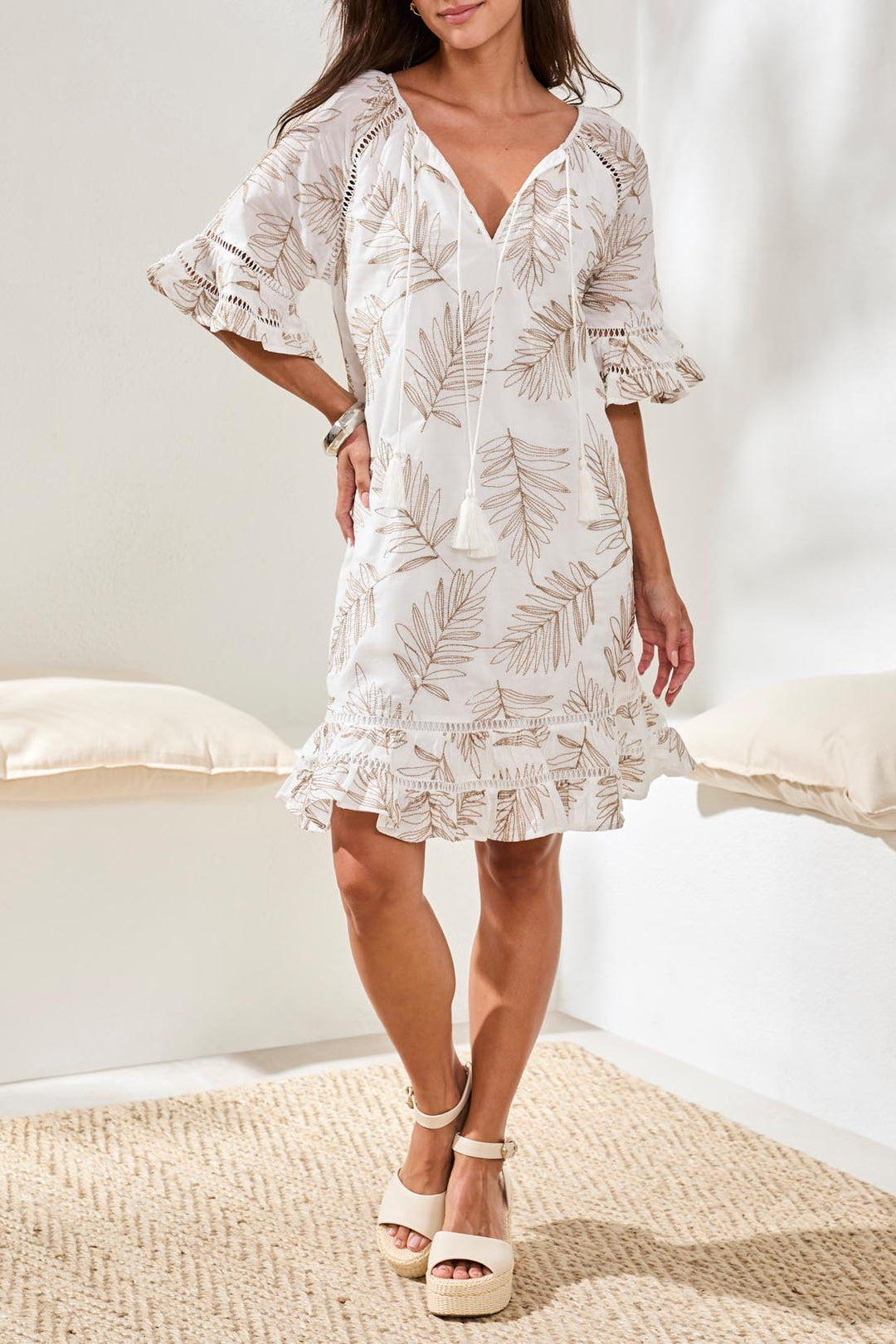 Tribal Lined Raglan Sleeve Embellished Dress 976O-5544-0001 White