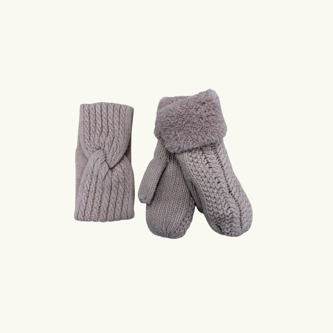 Knitted Mitts + Headband Set - Pink