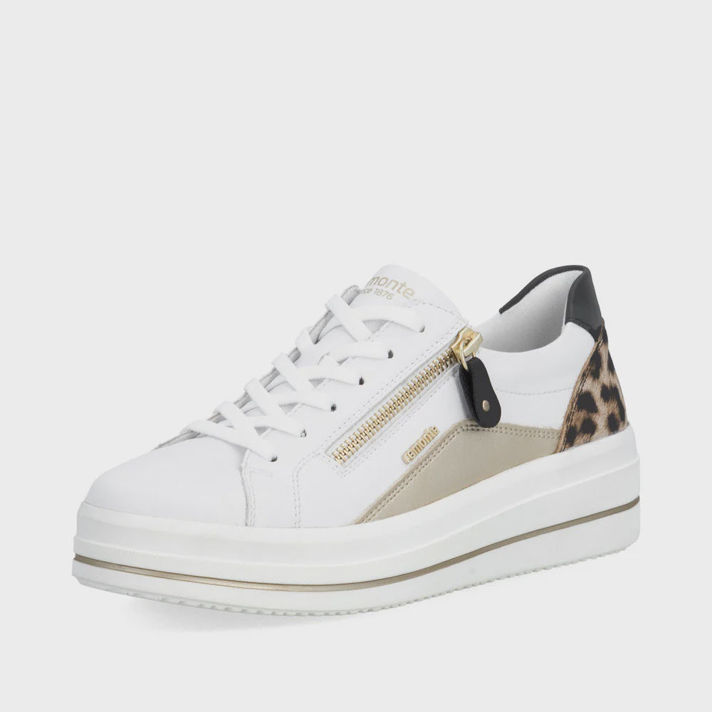 Remonte Laced Sneaker w/ Side Zipper D1C01-85 White/Leopard Trim