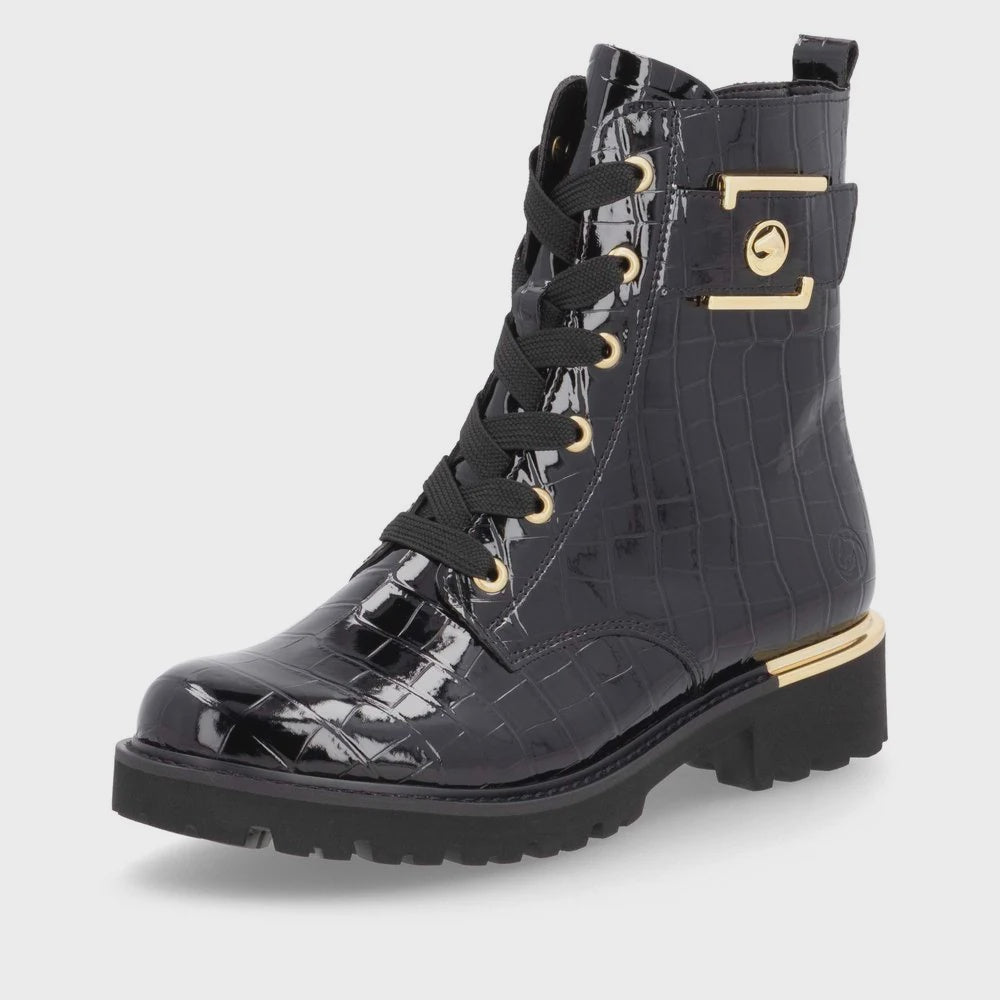 Remonte Tie Up Mid-Height Boot D8683-00 Black Patent w/ Gold Accents