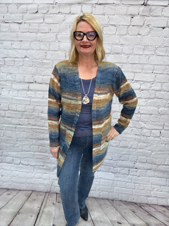 Creations Long Cardigan Sweater F713 - Navy/Carmel