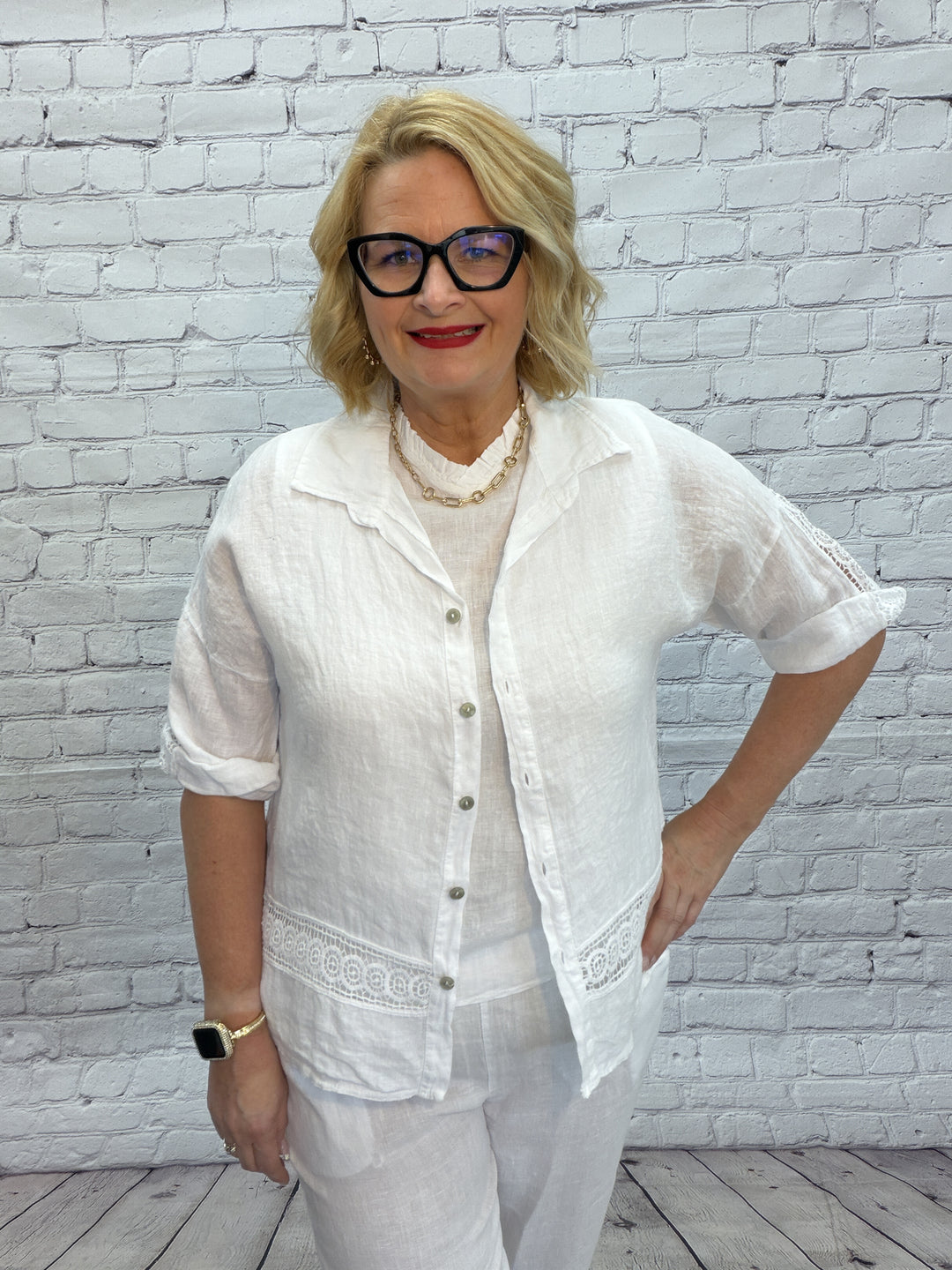 Cherishh Linen Blouse w/ Cutwork Lace C6528 - White