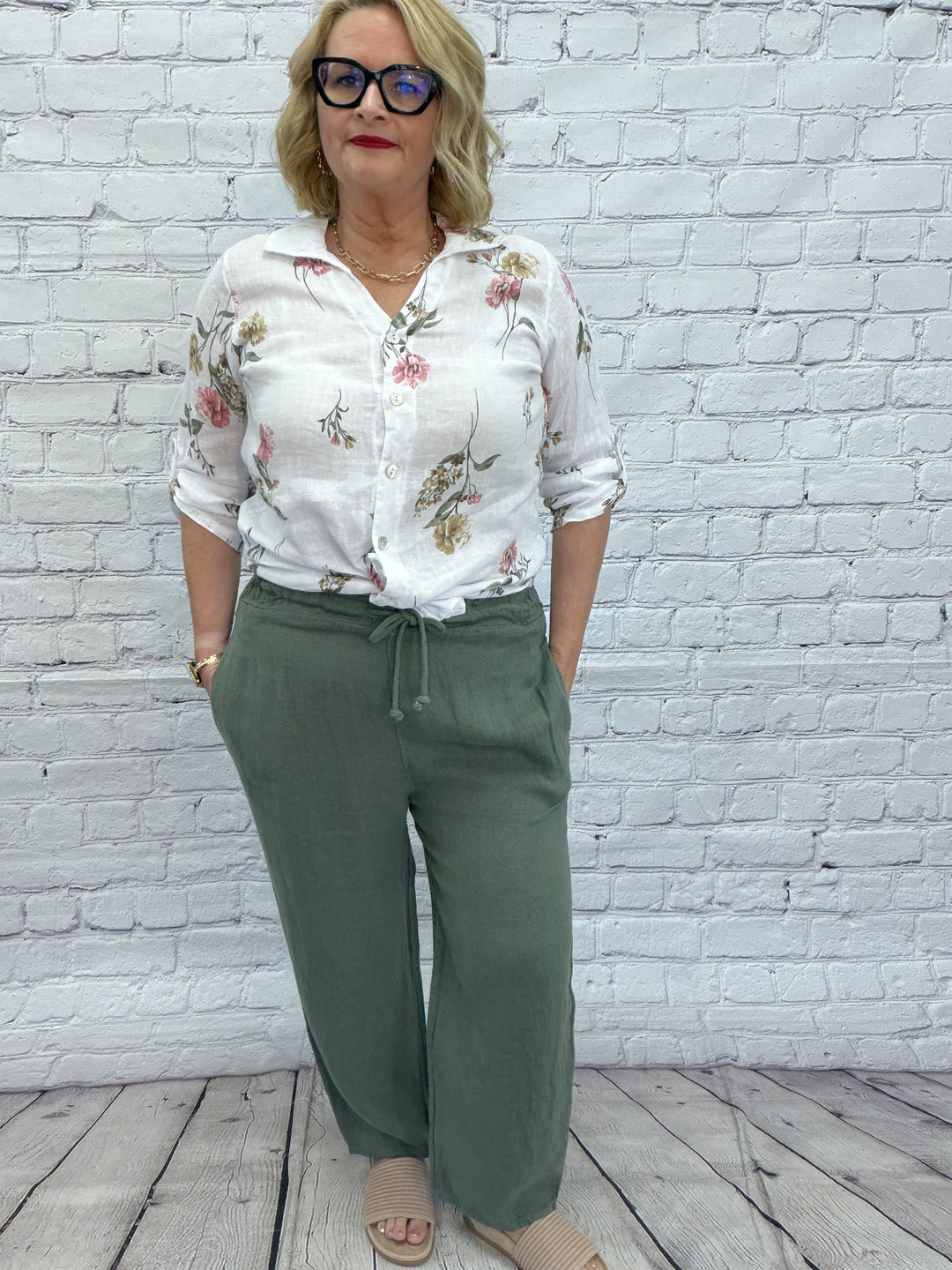 Cherishh Linen Palazzo Pant C6524 - Military Green