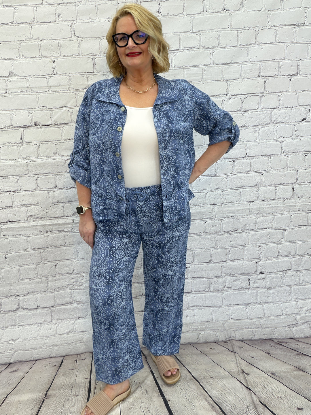 Cherishh Linen Printed Palazzo Pant C6502 - Denim Blue