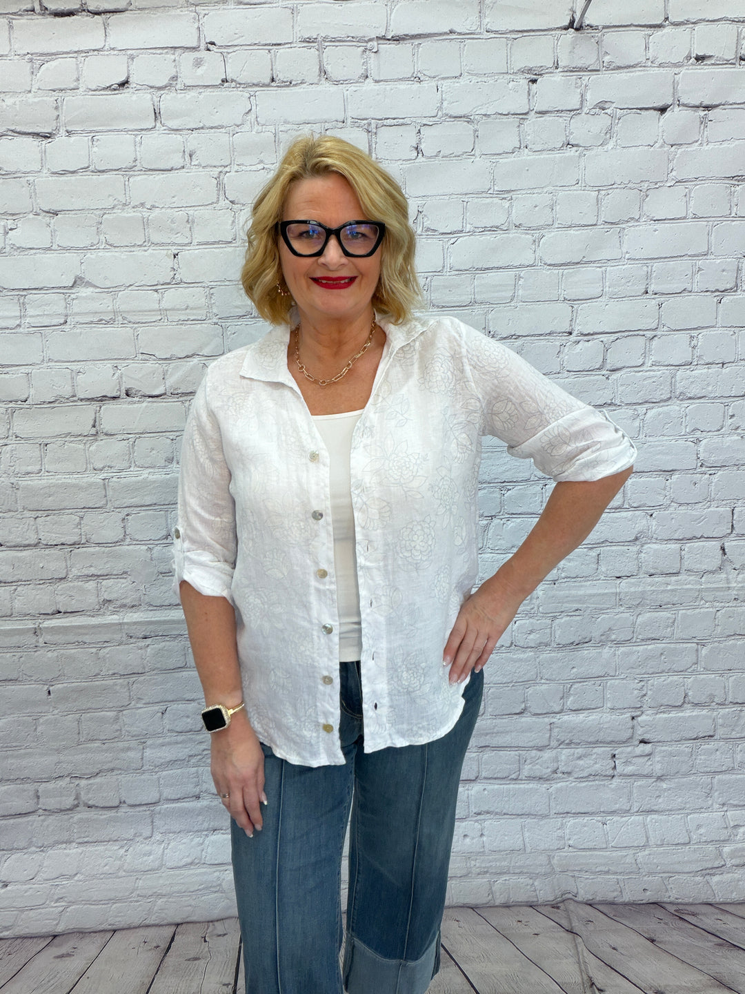 Cherishh Linen Embossed Floral Blouse C6479 - White