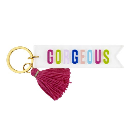 Santa Barbara Acrylic Key Tag "Gorgeous" - Clear with Multi