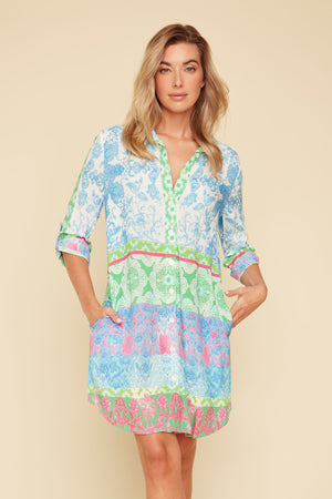 Renuar Woven Shirt-Style Print Dress R4341-984-AQUACO Aquamarine Combo