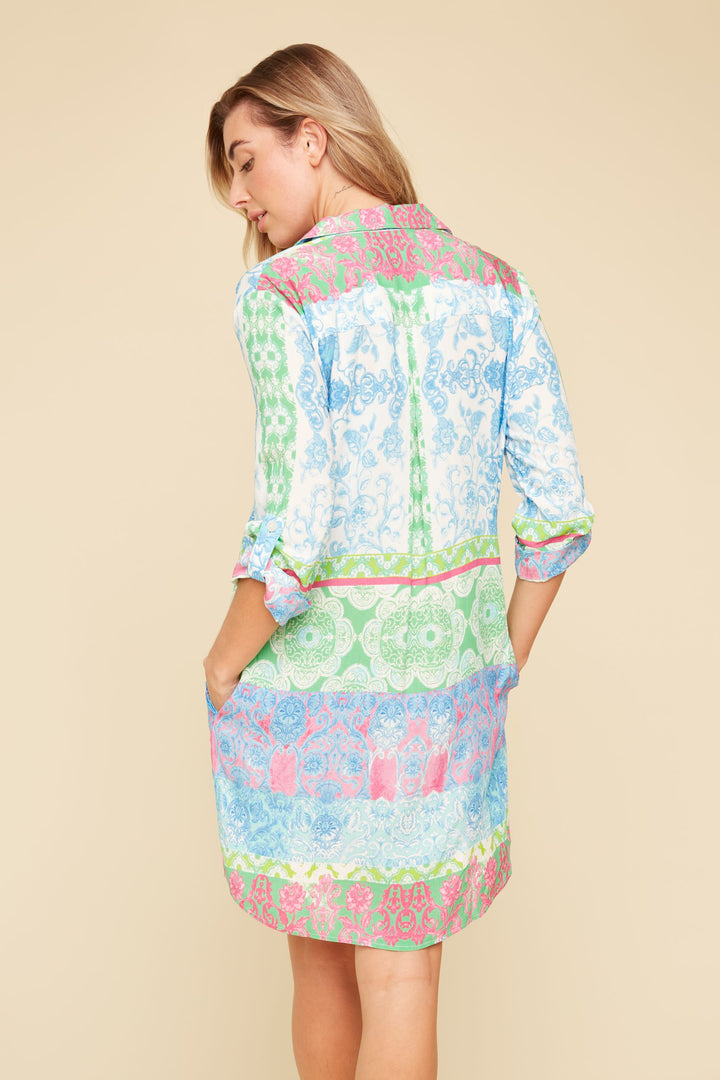 Renuar Woven Shirt-Style Print Dress R4341-984-AQUACO Aquamarine Combo