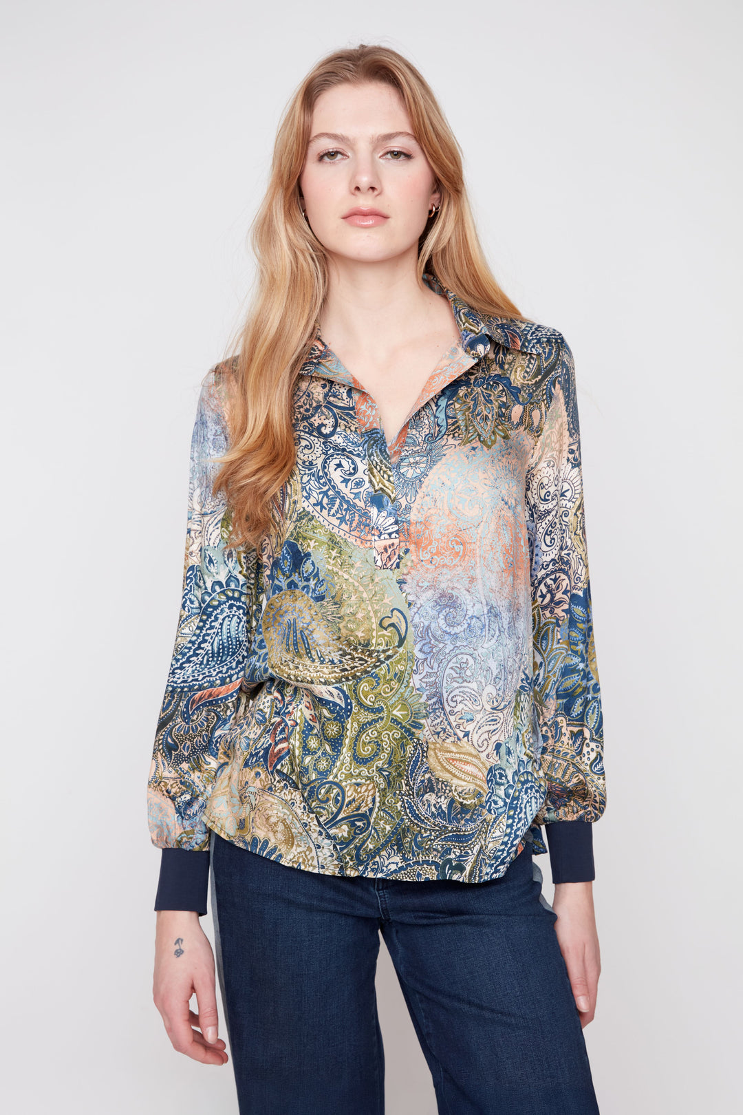 Renuar Woven Blouse R5289-984-OLICOM Olive Combo