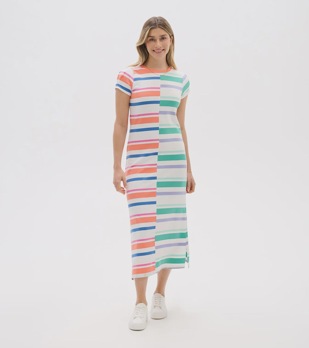 Hatley Pleated Sleeve Midi dress - Offset Stripes - S26PSL1626 - White