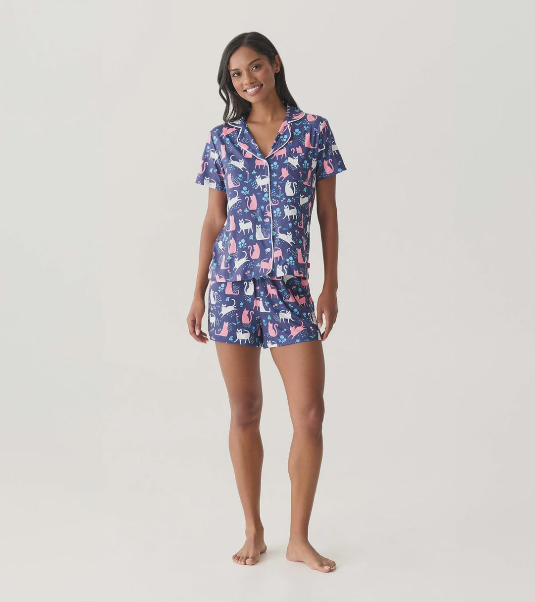 Hatley "Cats" 2-Pc PJ Set in a Bag - Button Down Top + Shorts - Patriot Blue