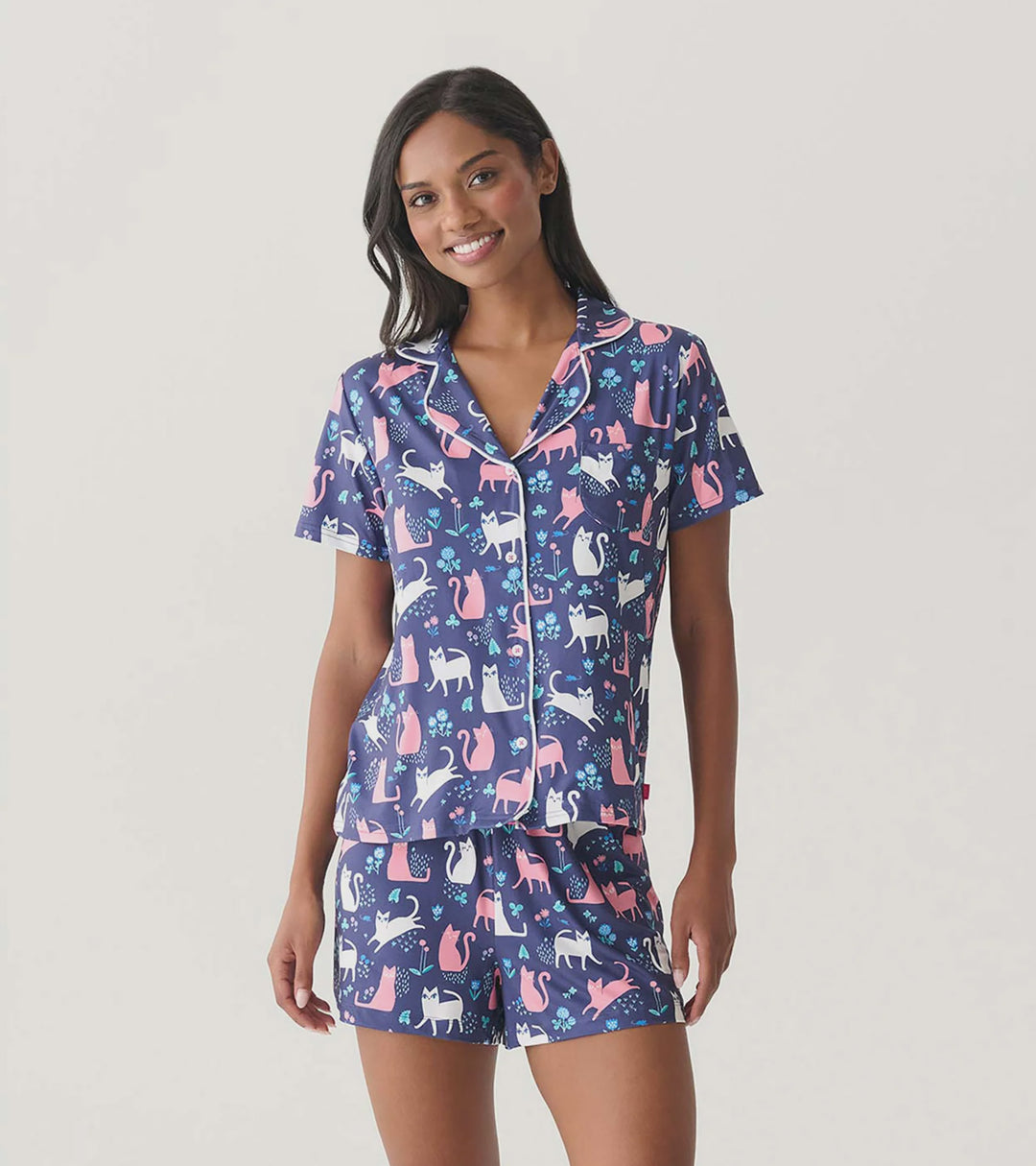 Hatley "Cute Cats" 2-Pc PJ Set in a Bag - Button Down Top + Shorts - Teal