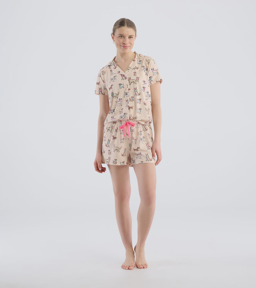 Hatley "Cute Pups" 2-Pc PJ Set in a Bag - Button Down Top + Shorts - White Smoke
