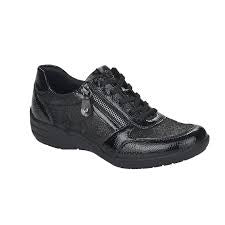 Womens Rieker Laced Shoe w/ Side Zip + Knit Inserts R7637-03 Black
