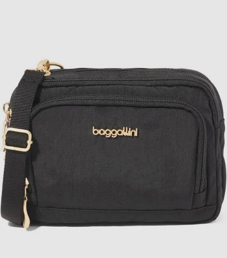 Baggallini Trifecta Wallet RFID Crossbody TZW729 - Black w/ Gold Hardware