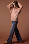 Tribal T-Neck Sweater w/ Puff Sleeve 5591O-5075-1977 Apricot Mist