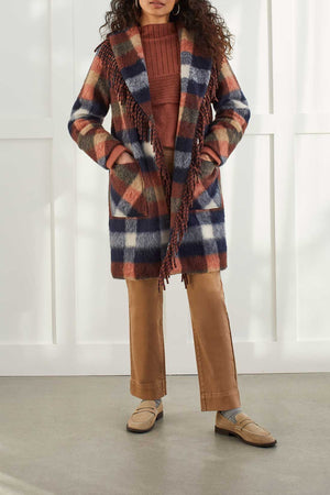 Tribal Lined Plaid Coat with Fringe Detail 1093O-3639-0805 Sapphire - 1 ONLY SIZE X-SMALL - 20% OFF