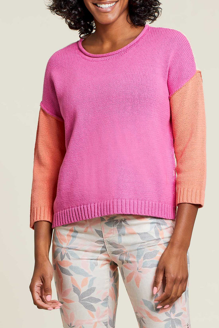 Tribal 3/4 Sleeve Color Block Sweater 1319O-3709-2695 Phlox Pink