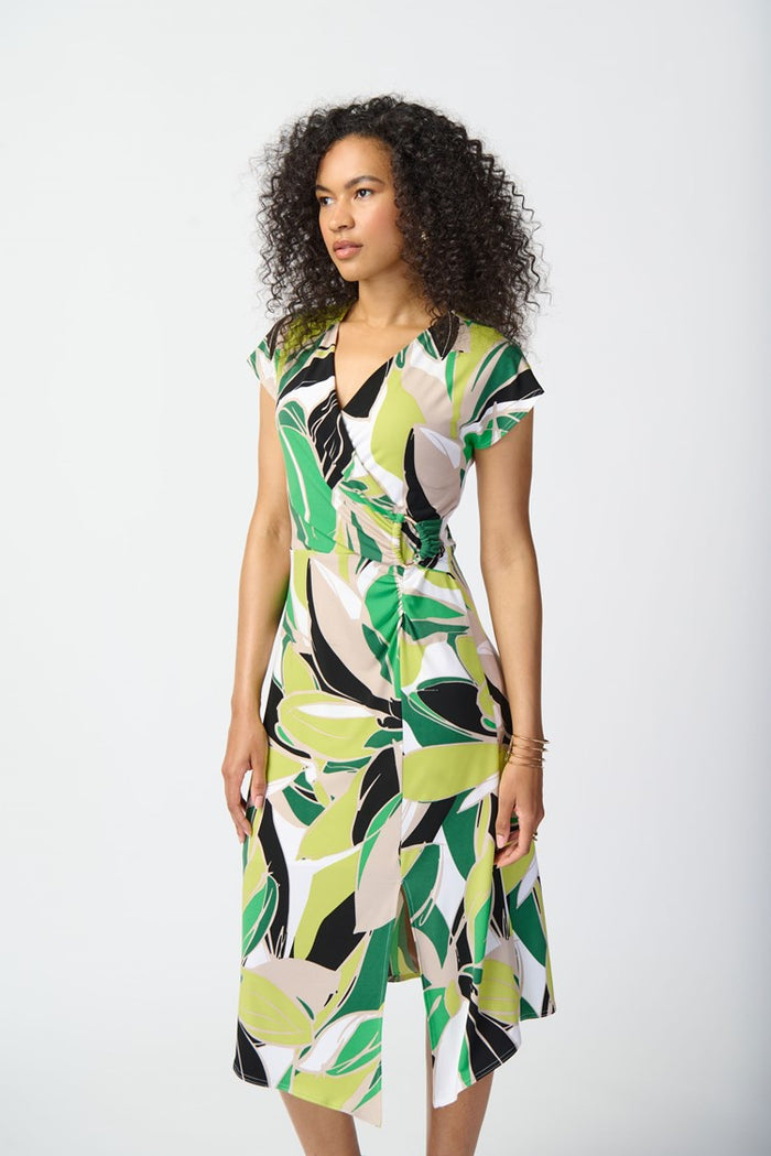 Joseph Ribkoff Tropical Print Faux Wrap Knit Dress 241201-2539 Vanilla Multi