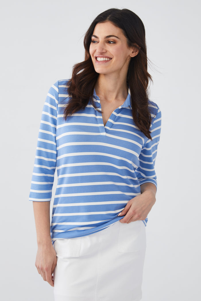 FDJ French Dressing 3/4 Sleeve Polo Top 3269834-TRBLST Tranquil Blue Stripe