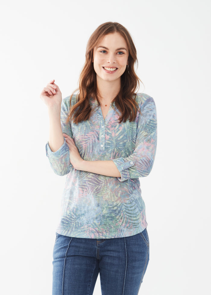 FDJ Henley Top with 3/4 Tabbed Sleeve 3509451-TRPC Tropical Leaves