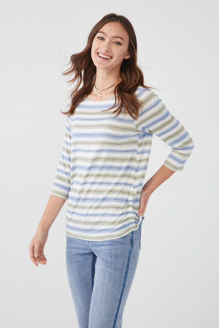 FDJ Ruched Side Striped Top 3968756-BLSS Bay Leaf Stripe - 1 ONLY SIZE X-LARGE - 20% OFF