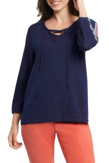 Tribal Lace Up Sweater w/ Detail 3/4 Sleeve 4808O-3449-0269 Dk. Navy