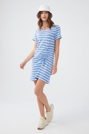 FDJ Short Sleeve Striped Dress w/ Ruching 7049834-TRBLST Tranquil Blue Stripe