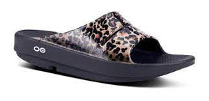 Womens Oofos OOahh Luxe Slide Sandal 1103-BKLEO Black Leopard